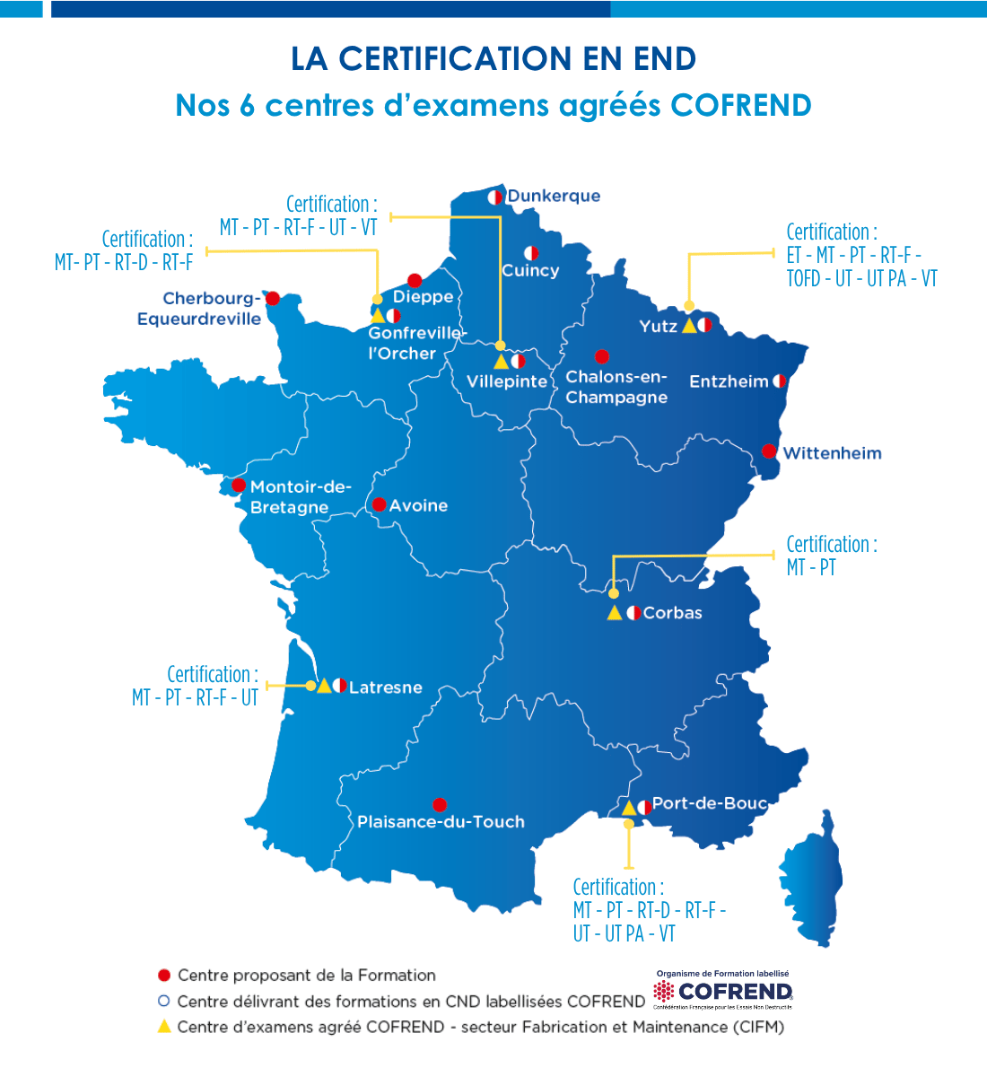 Carte des 6 centres dexamens agréés COFREND_oct. 2026