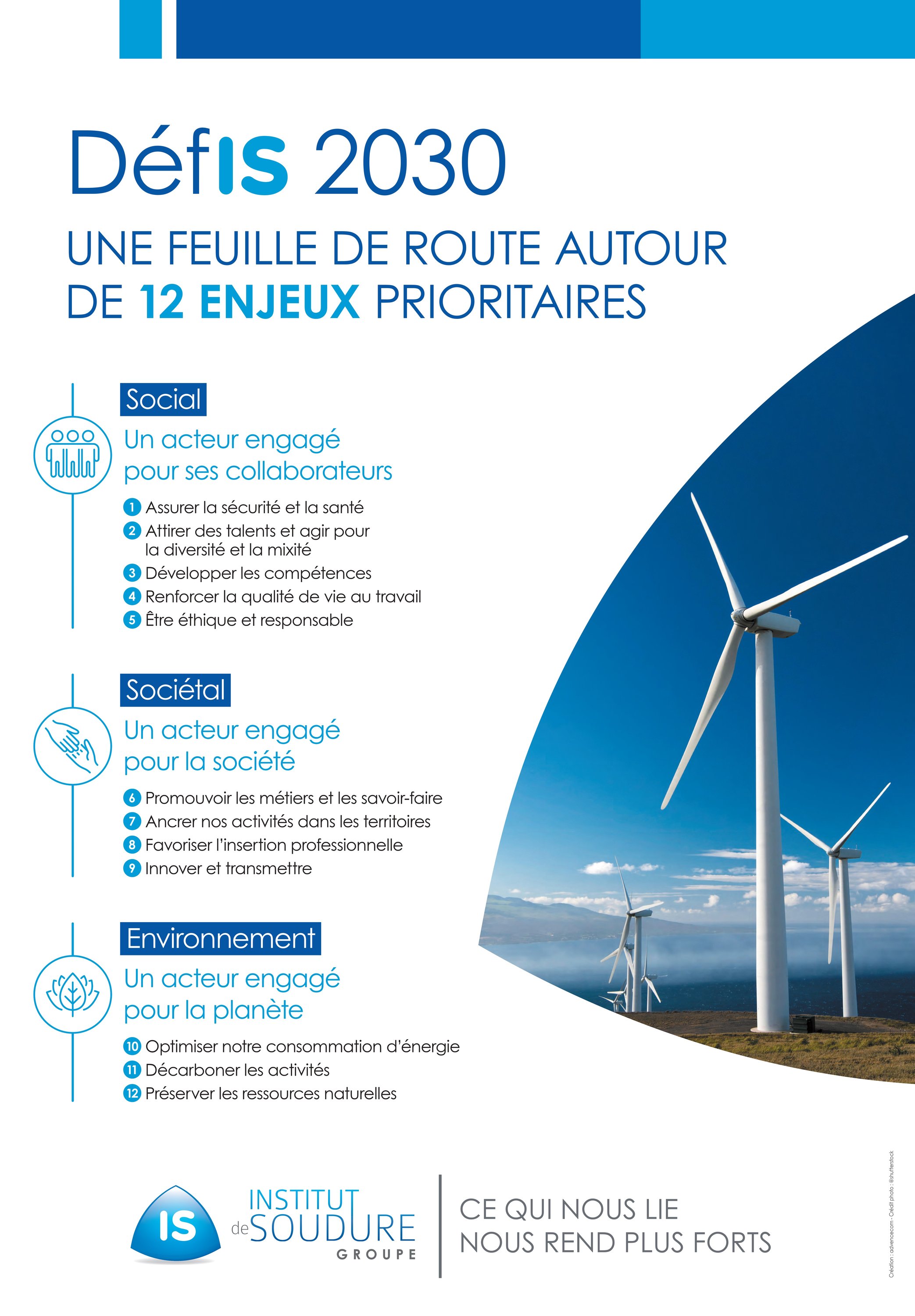 DéfIS 2030, une feuille de route autour de 12 enjeux prioritaires . SOCIAL - Un acteur engagé pour ses collaborateurs. 1. Assurer la sécurité et la santé. 2. Attirer des talents et agir pour la diversité et la mixité. 3. Développer les compétences. 4. Renforcer la qualité de vie au travail. 5. Être éthique et responsable. SOCIÉTAL - Un acteur engagé pour la société. 6. Promouvoir les métiers et les savoir-faire. 7. Ancrer nos activités dans les territoires. 8. Favoriser l’insertion professionnelle. 9. Innover et transmettre. ENVIRONNEMENT - Un acteur engagé pour la planète. 10. Optimiser notre consommation d’énergie. 11. Décarboner les activités. 12. Préserver les ressources naturelles.